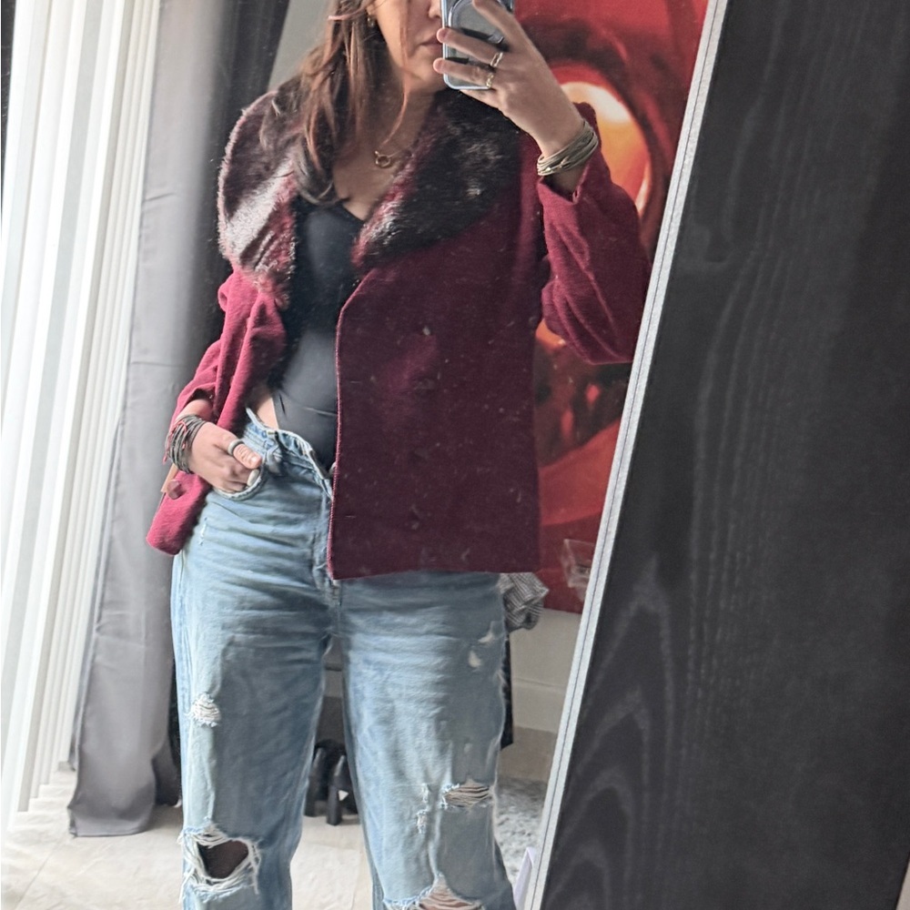 Vintage Wine Red Pea Coat with Faux Fur Collar